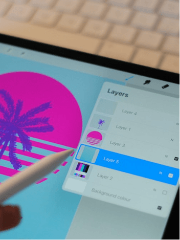 Neon palm tree and sunset artwork on a tablet with the layers panel open